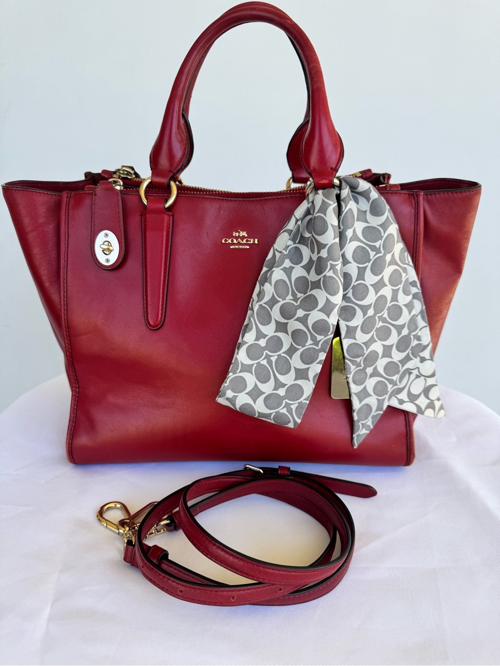 Coach Red Leather Tote with Signature Scarf and Gold Hardware